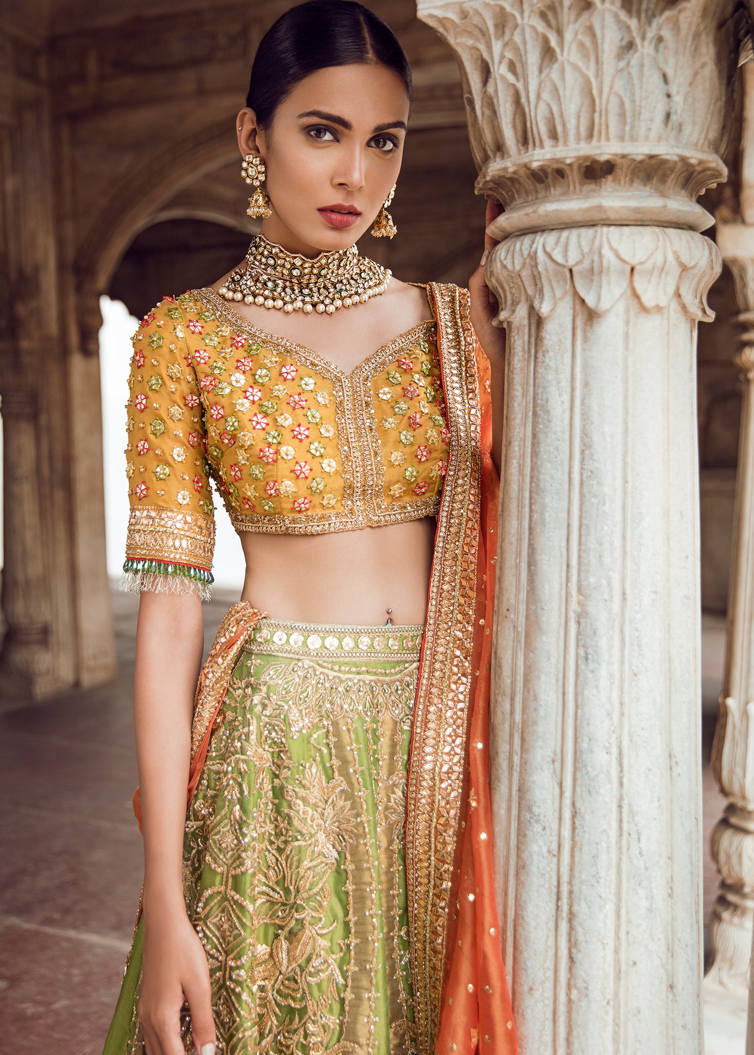Mustard Green Orange Embroidered Silk Bridal Lehenga (3-Piece) - Image 4