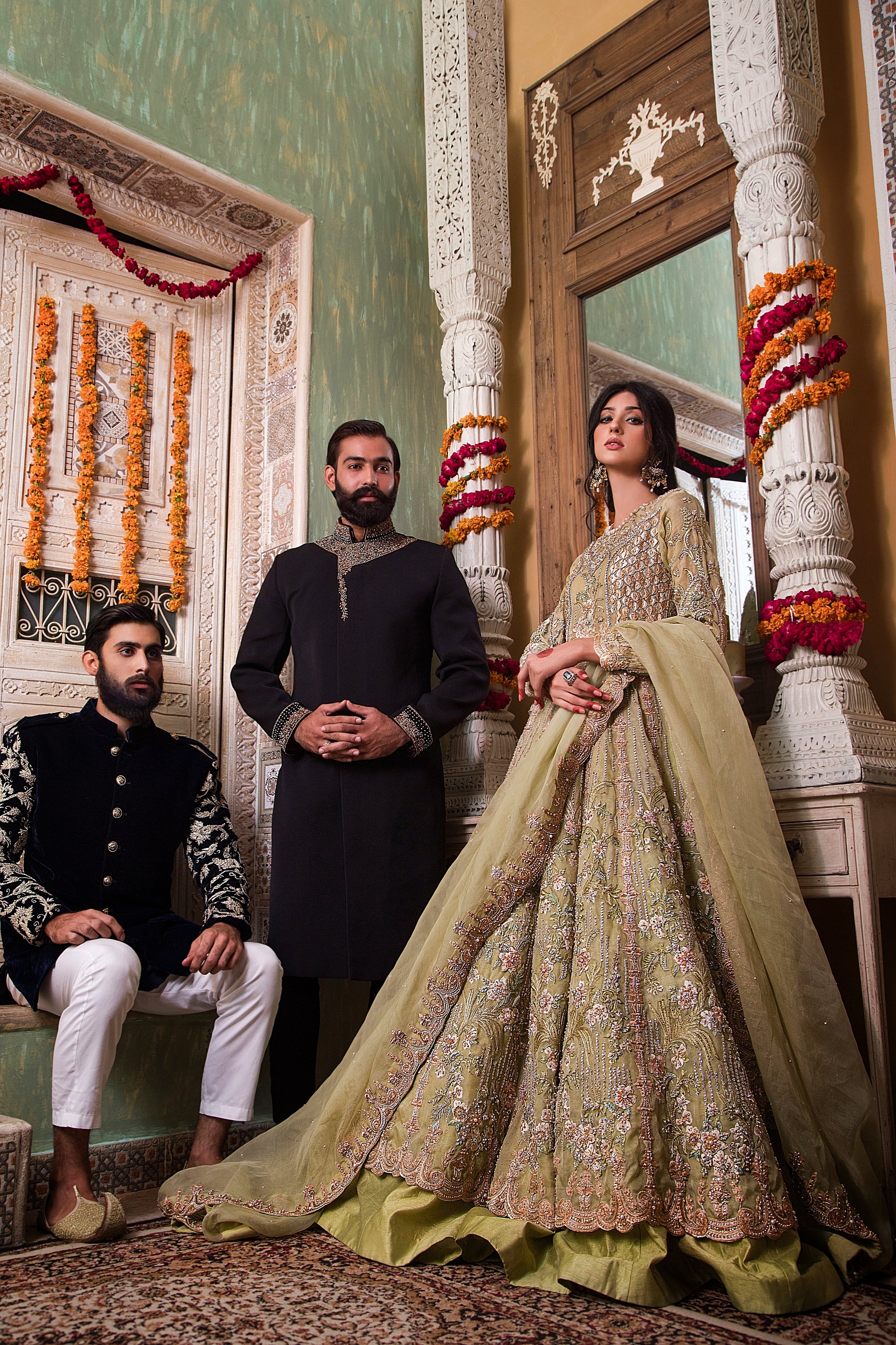 Pakistani Olive Green Embroidered Silk Bridal Lehenga (3-Piece) - Image 1