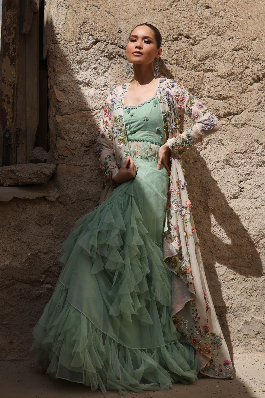 Pakistani Sage Green 3D Floral Soft Net Lehenga (3-Piece) - Image 1