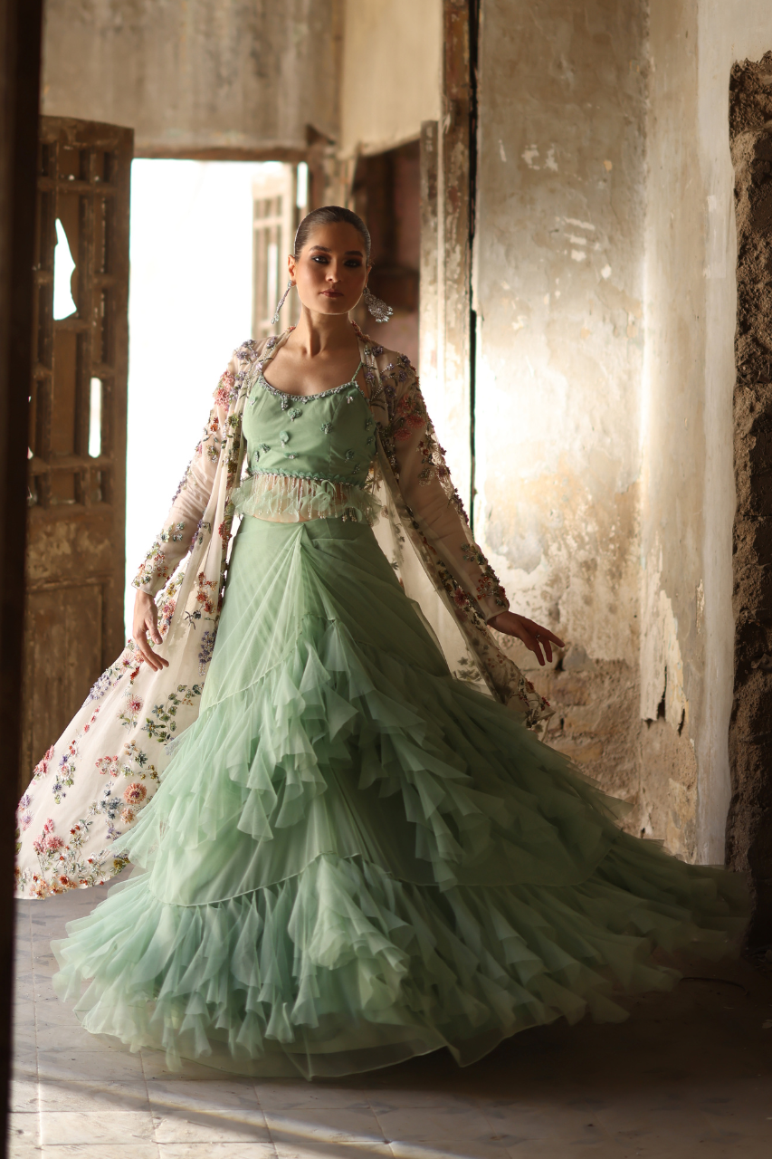 Pakistani Sage Green 3D Floral Soft Net Lehenga (3-Piece) - Image 3