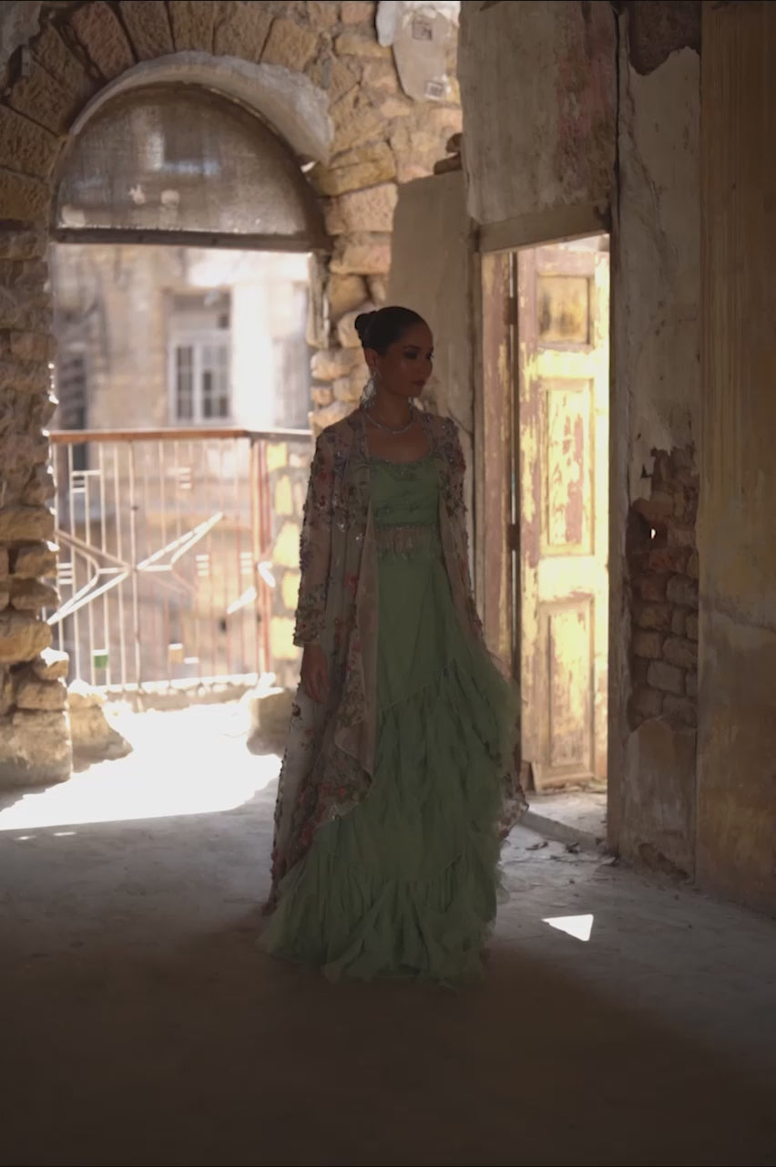 Pakistani Sage Green 3D Floral Soft Net Lehenga (3-Piece) - Image 4