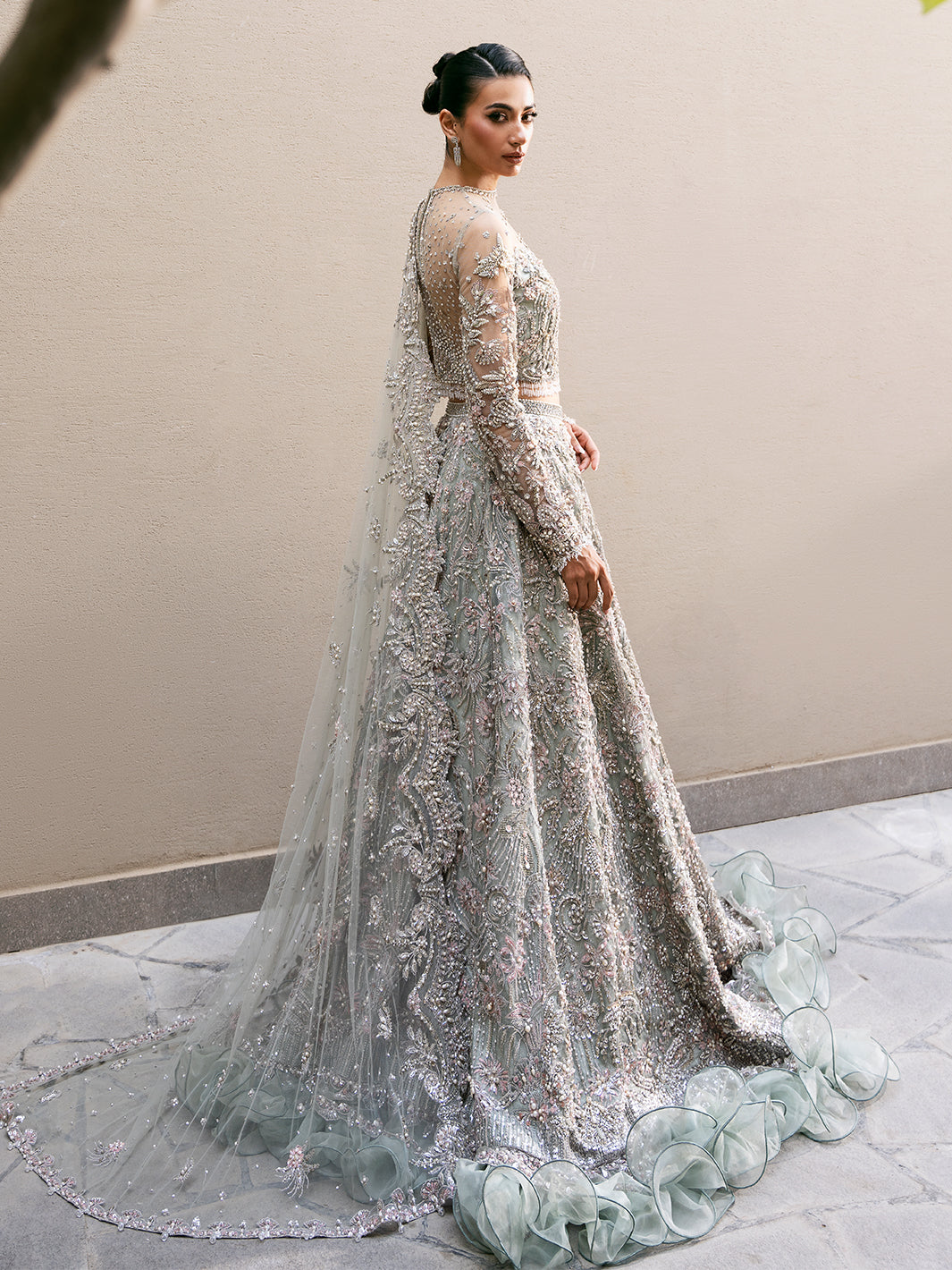 Mint Embellished Tissue Lehenga Dress (3-Piece) - Image 10