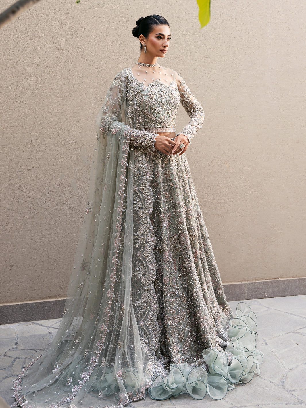 Mint Embellished Tissue Lehenga Dress (3-Piece) - Image 11