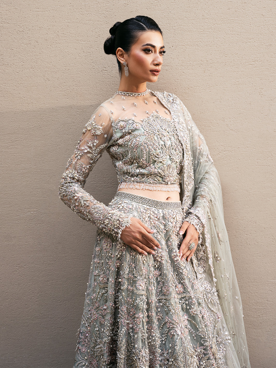 Mint Embellished Tissue Lehenga Dress (3-Piece) - Image 2