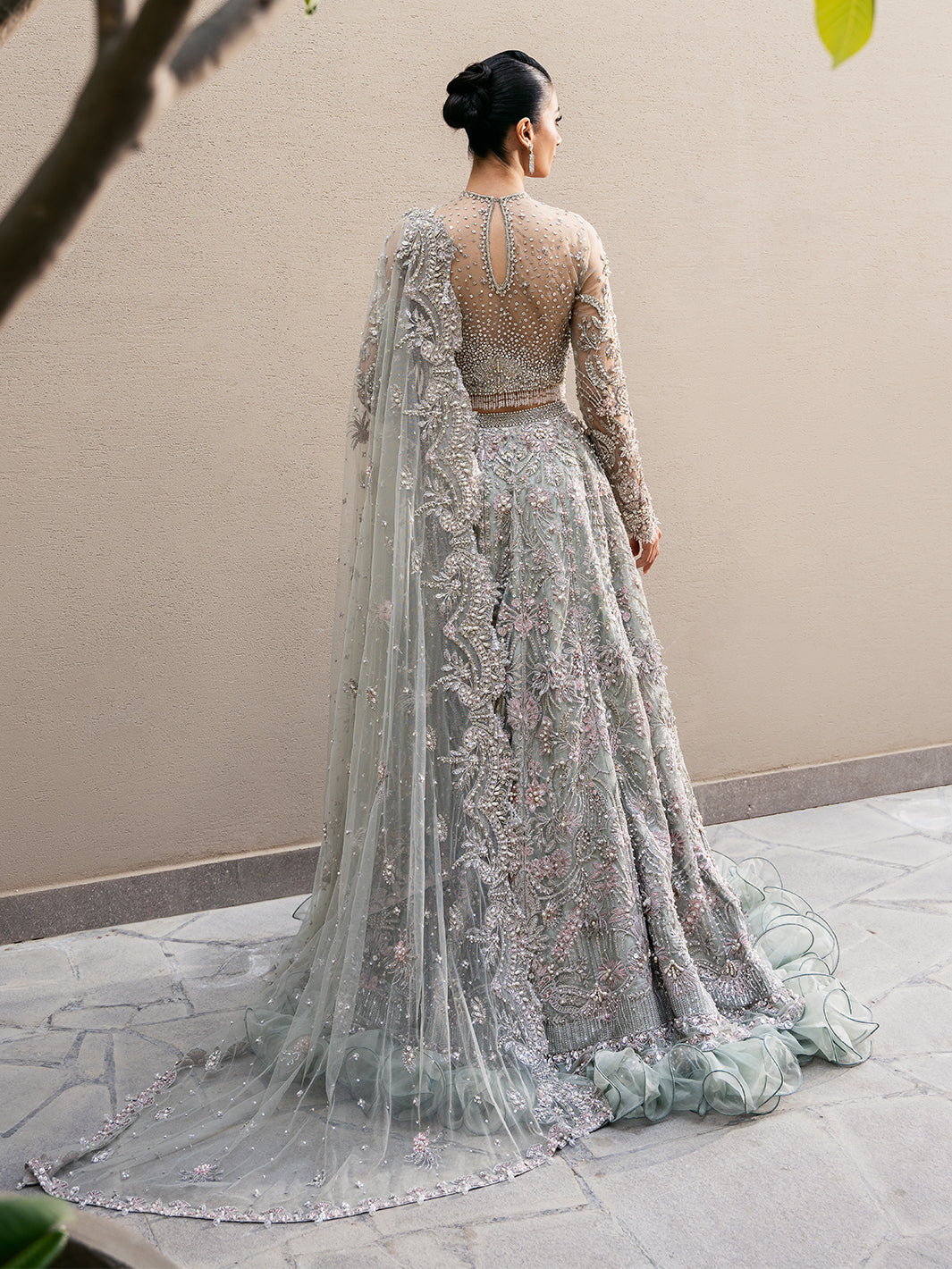 Mint Embellished Tissue Lehenga Dress (3-Piece) - Image 3