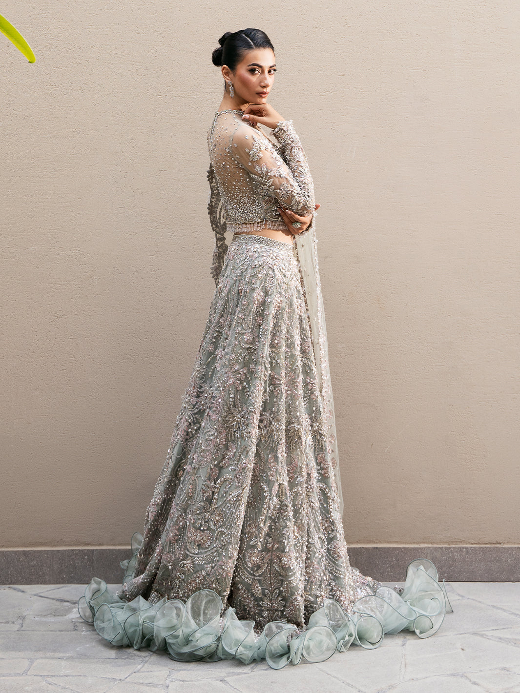Mint Embellished Tissue Lehenga Dress (3-Piece) - Image 6