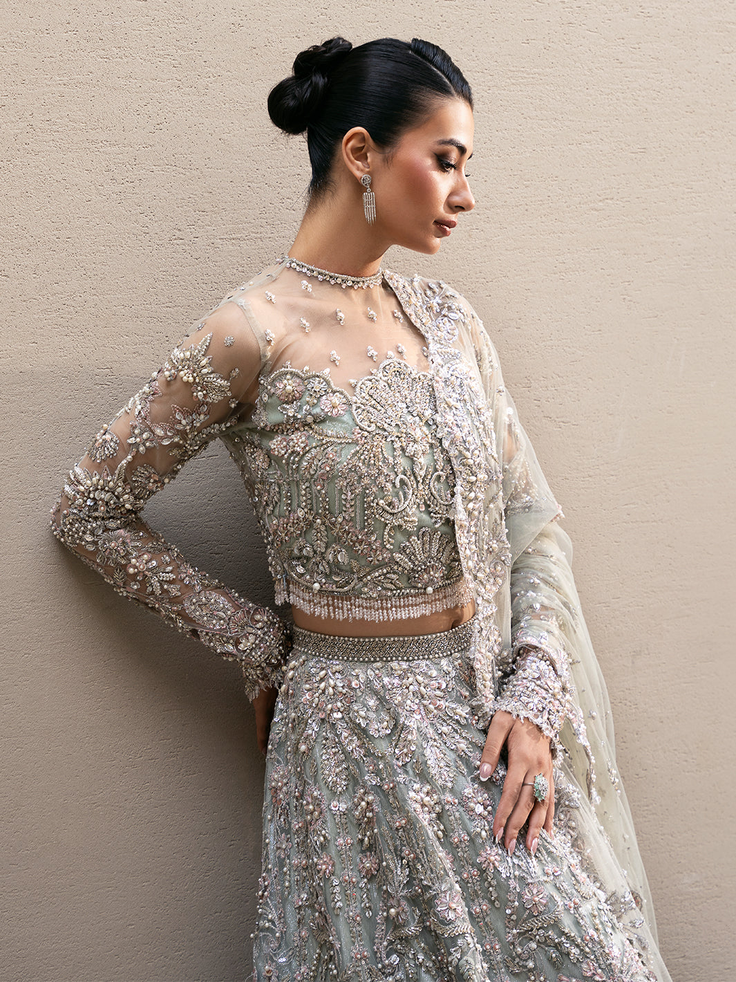 Mint Embellished Tissue Lehenga Dress (3-Piece) - Image 7