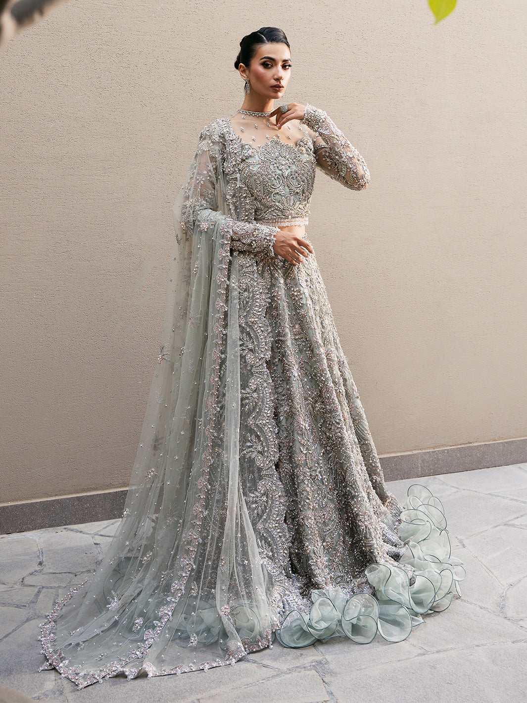 Mint Embellished Tissue Lehenga Dress (3-Piece) - Image 8