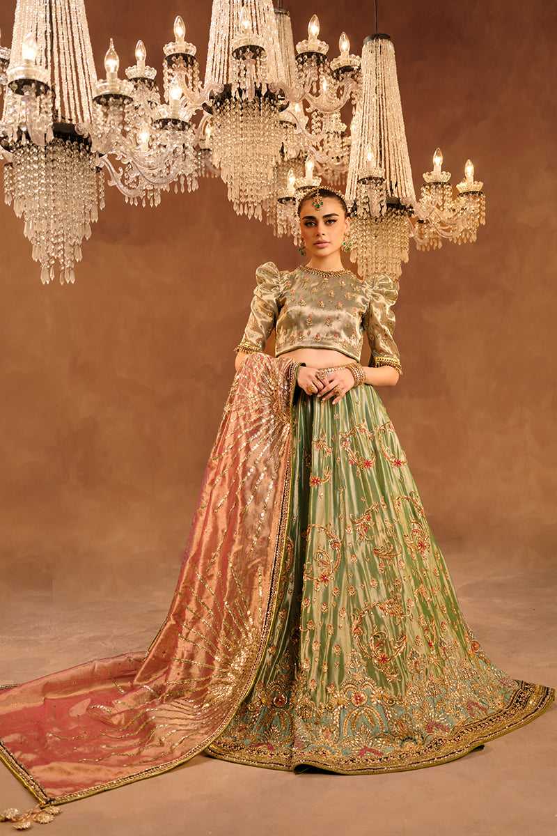 Sage Green Hand-Embellished Tissue Lehenga Choli (3-Piece) - Image 1