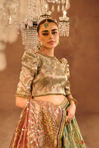 Sage Green Hand-Embellished Tissue Lehenga Choli (3-Piece) - Image 3