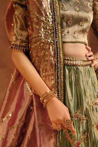 Sage Green Hand-Embellished Tissue Lehenga Choli (3-Piece) - Image 5
