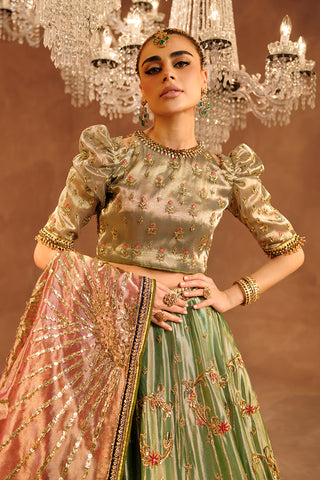 Sage Green Hand-Embellished Tissue Lehenga Choli (3-Piece) - Image 6