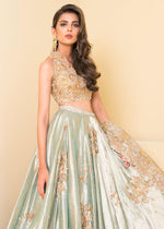 Pakistani Sea Green Embroidered Tissue Bridal Lehenga Choli (3-Piece) - Image 3