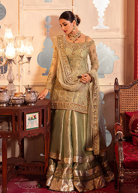 Pakistani Grape Green Handworked Net & Tissue Lehenga (3-Piece) - Image 1