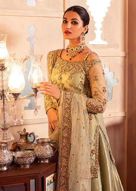 Pakistani Grape Green Handworked Net & Tissue Lehenga (3-Piece) - Image 3