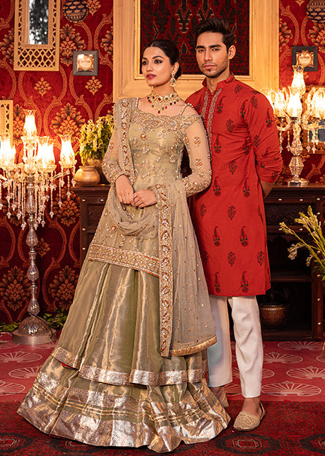 Pakistani Grape Green Handworked Net & Tissue Lehenga (3-Piece) - Image 4