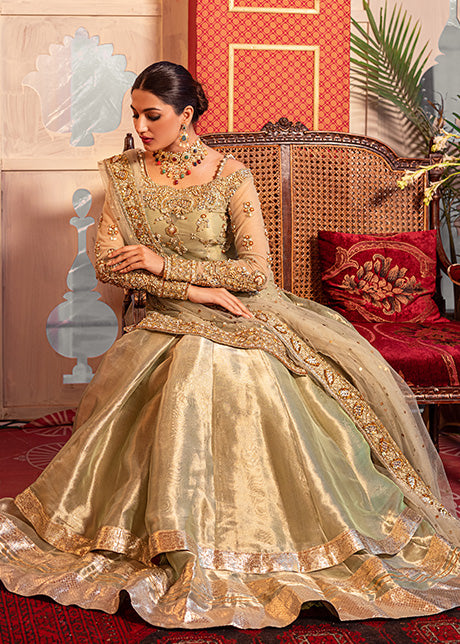 Pakistani Grape Green Handworked Net & Tissue Lehenga (3-Piece) - Image 6