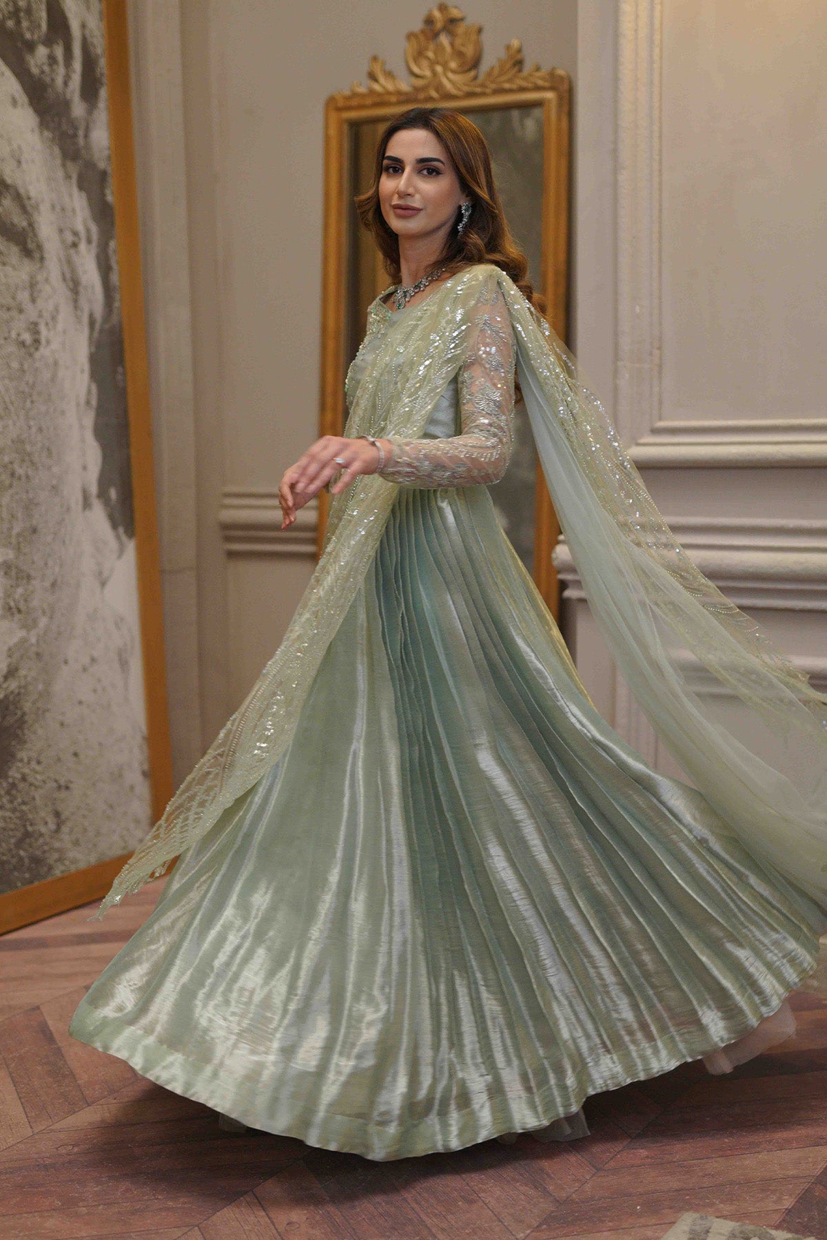 Pakistani Mint Embellished Tissue Lehnga Choli (3-Piece) - Image 1