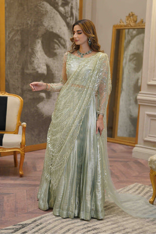 Pakistani Mint Embellished Tissue Lehnga Choli (3-Piece) - Image 4