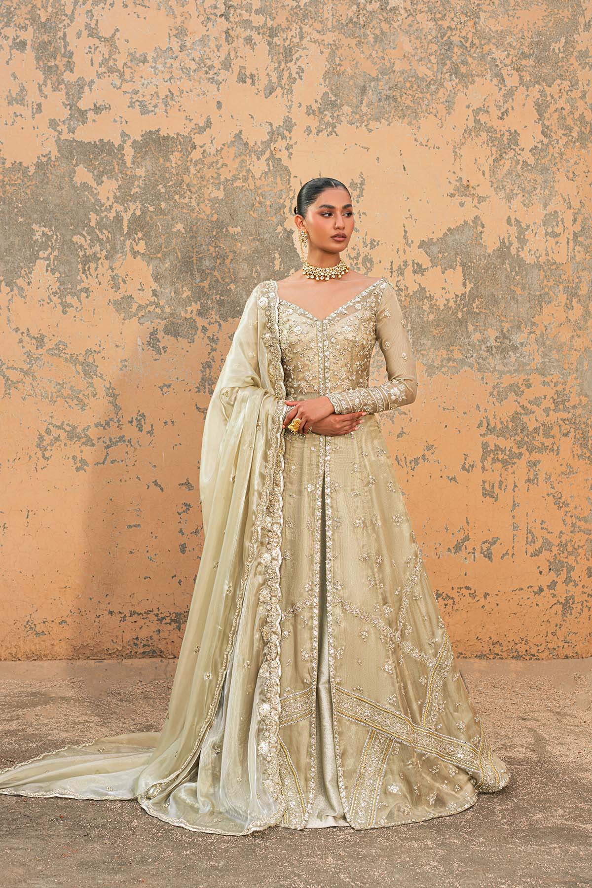 Pakistani Olive Green Embellished Masuri Gown with Tissue Lehenga (3-Piece) - Image 1