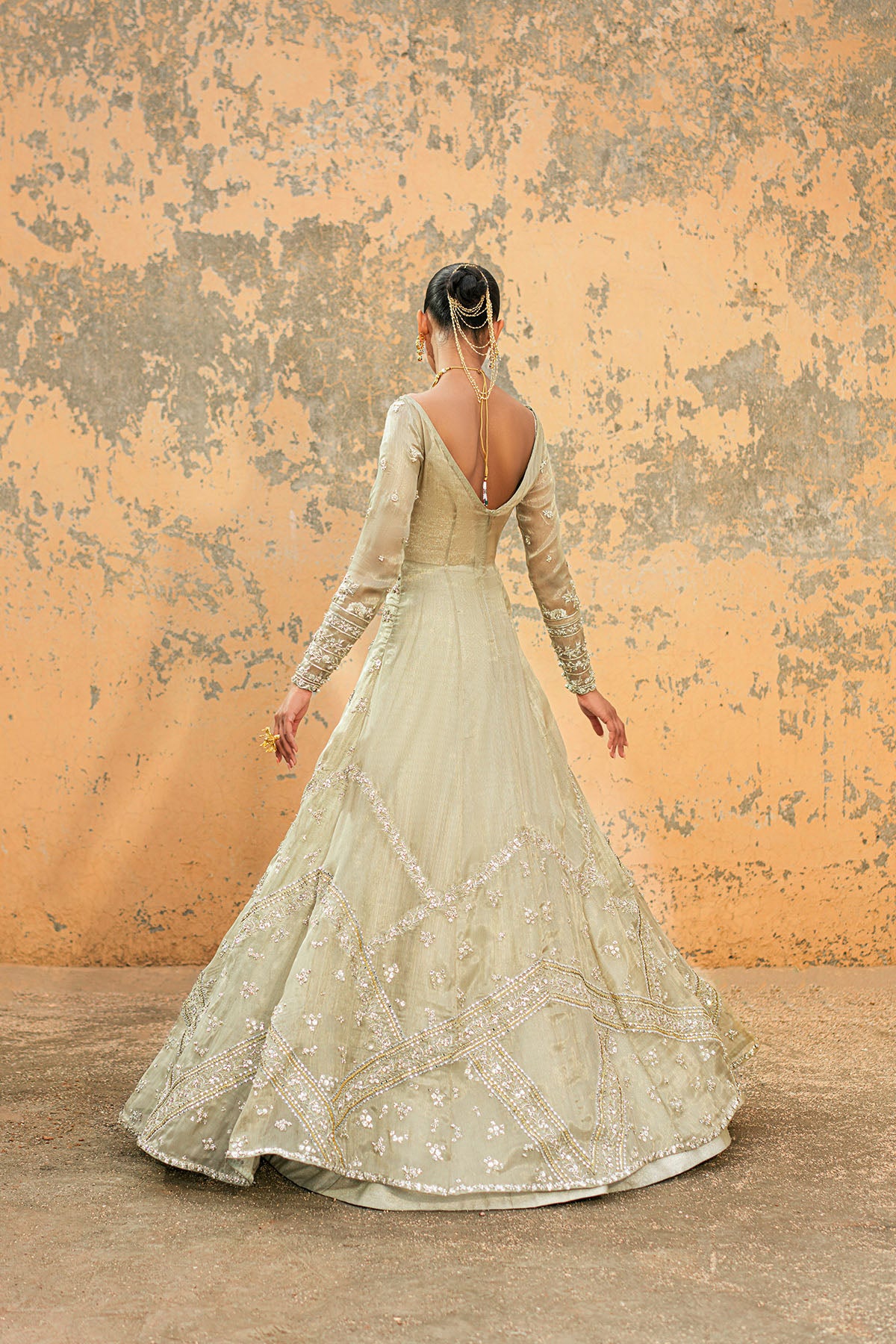 Pakistani Olive Green Embellished Masuri Gown with Tissue Lehenga (3-Piece) - Image 3