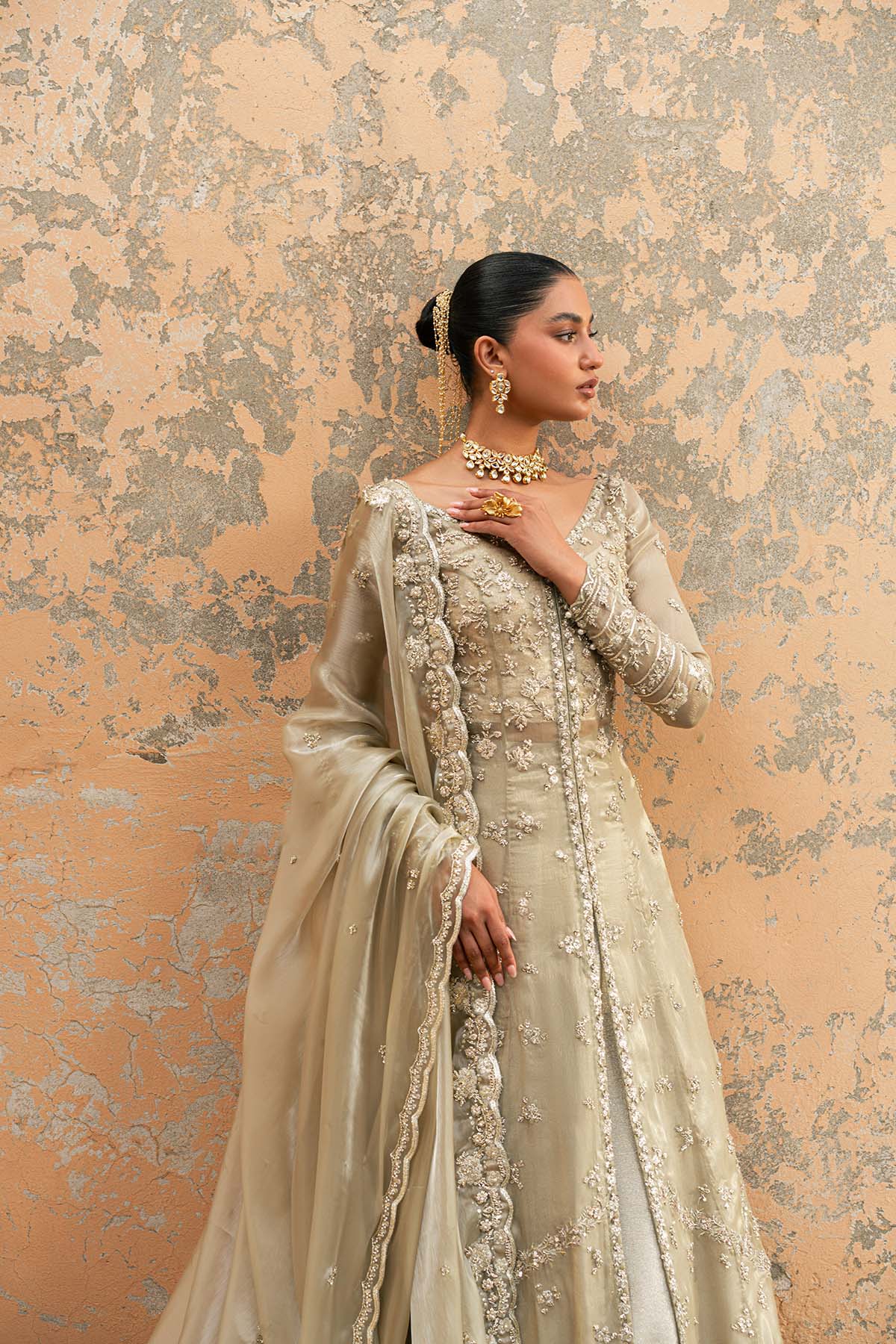 Pakistani Olive Green Embellished Masuri Gown with Tissue Lehenga (3-Piece) - Image 5