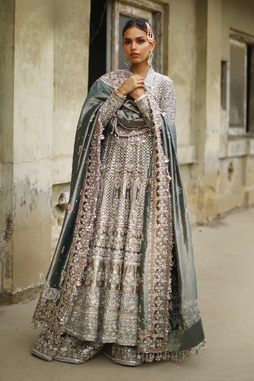 Pakistani Sage Embroidered Tissue Silk Peshwas Lehenga (3-Piece) - Image 2