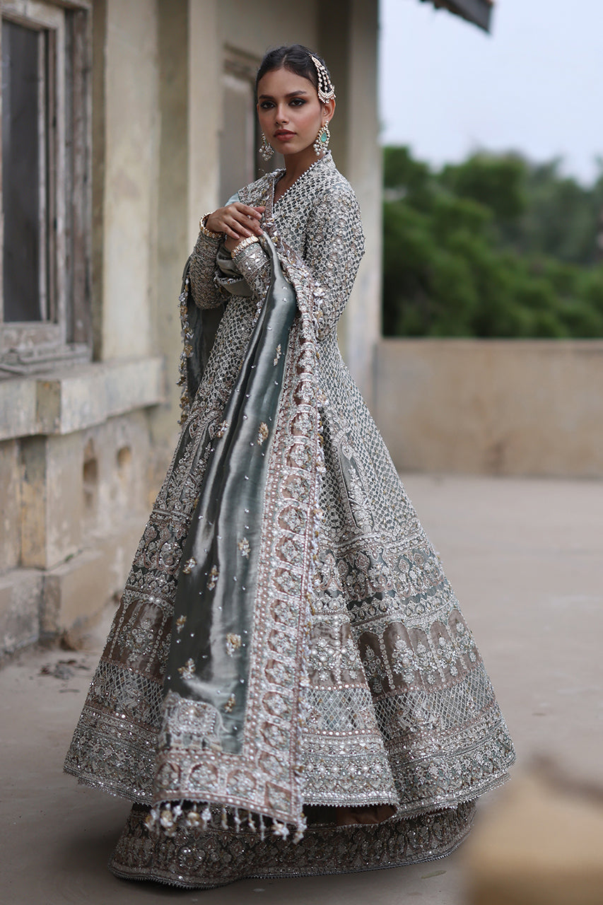 Pakistani Sage Embroidered Tissue Silk Peshwas Lehenga (3-Piece) - Image 3