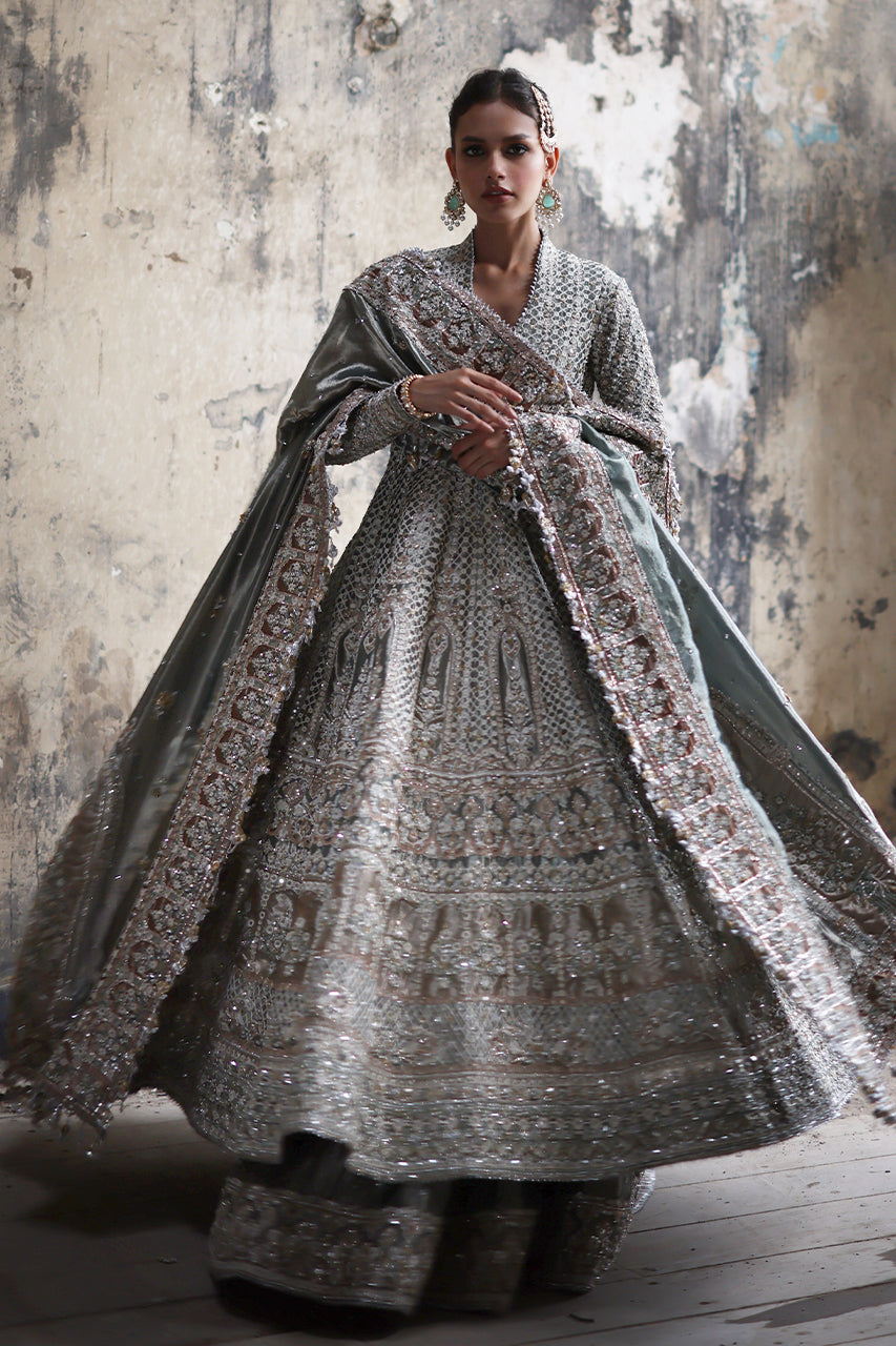 Pakistani Sage Embroidered Tissue Silk Peshwas Lehenga (3-Piece) - Image 4