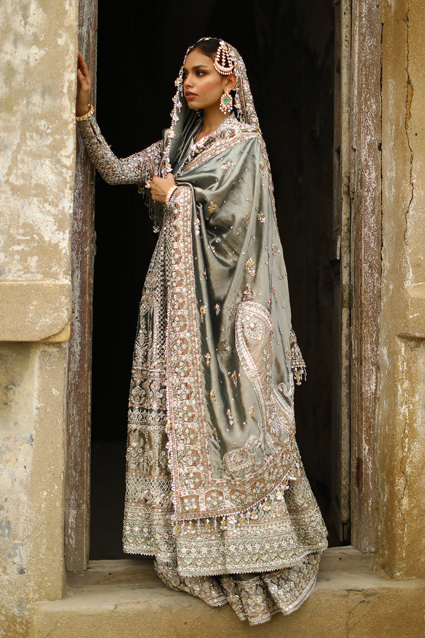 Pakistani Sage Embroidered Tissue Silk Peshwas Lehenga (3-Piece) - Image 5