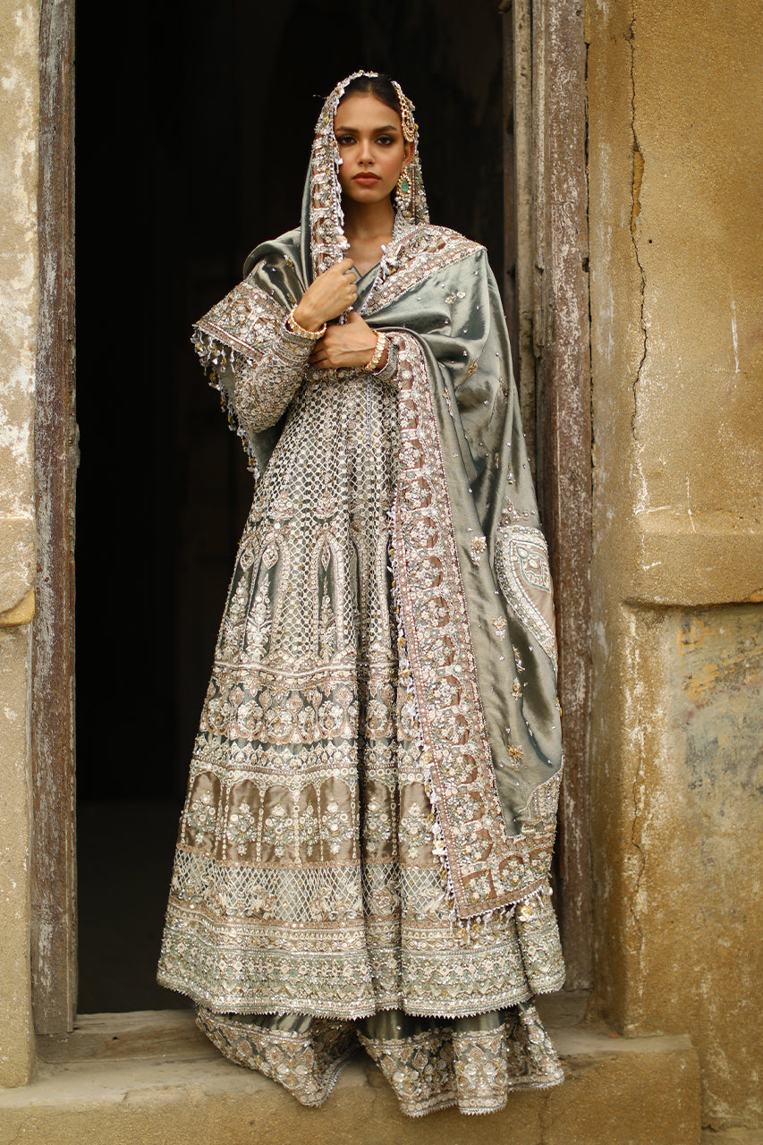 Pakistani Sage Embroidered Tissue Silk Peshwas Lehenga (3-Piece) - Image 6