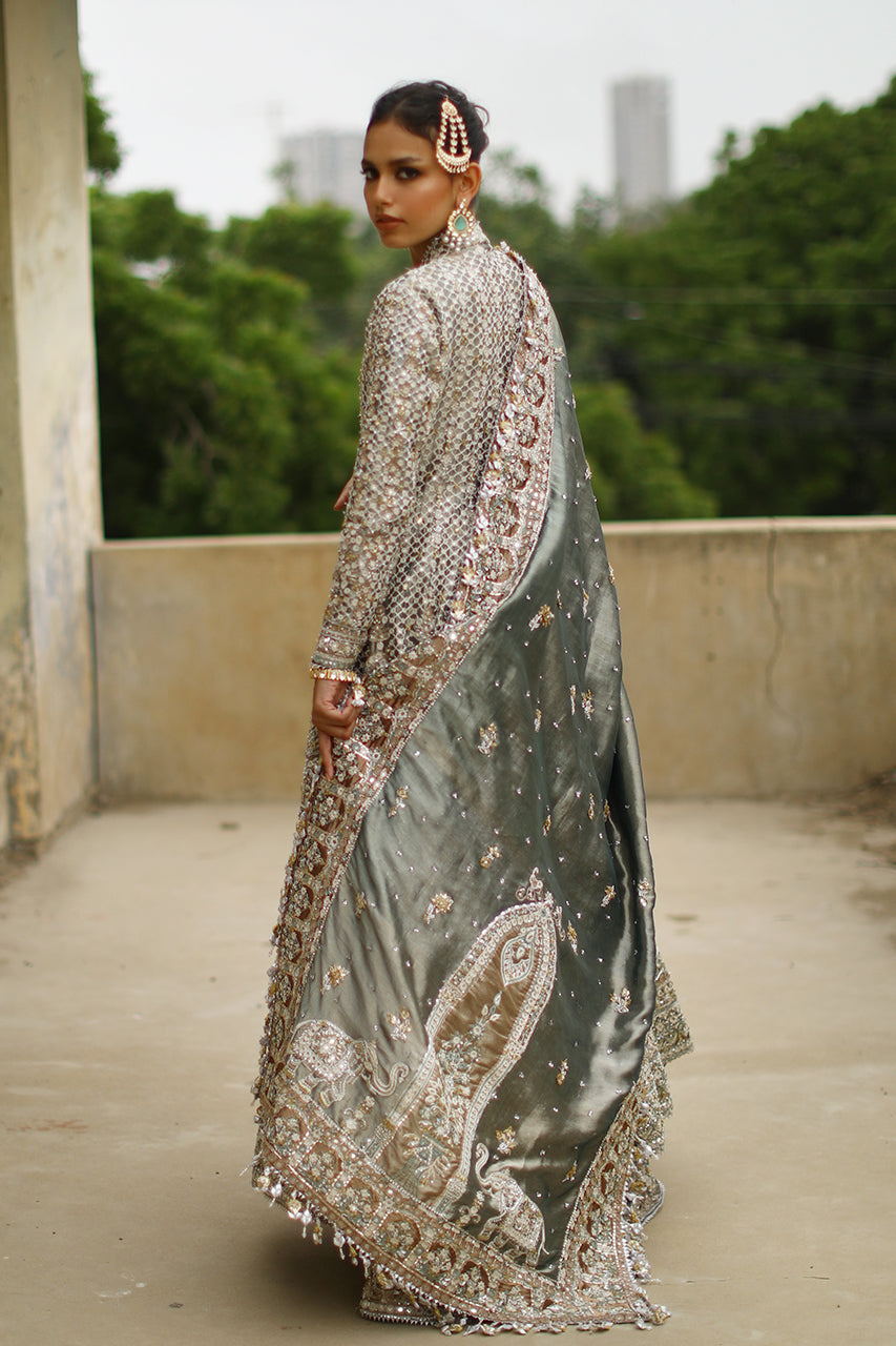 Pakistani Sage Embroidered Tissue Silk Peshwas Lehenga (3-Piece) - Image 8