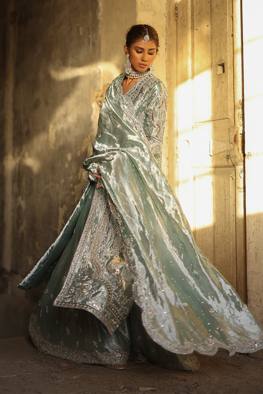 Indian Sage Zardozi Kamdani Tissue Silk Lehenga (3-Piece) - Image 4