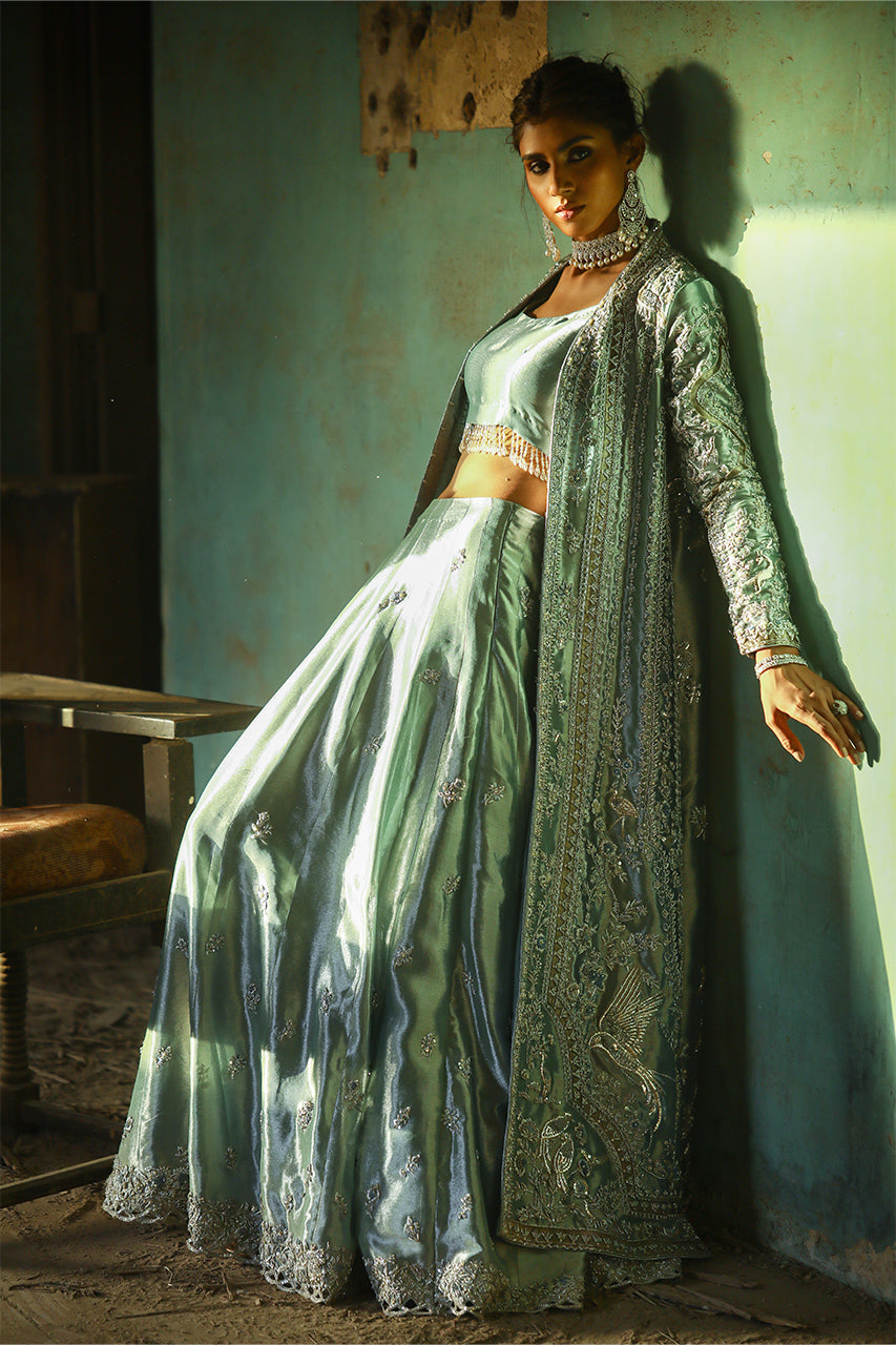 Indian Sage Zardozi Kamdani Tissue Silk Lehenga (3-Piece) - Image 5