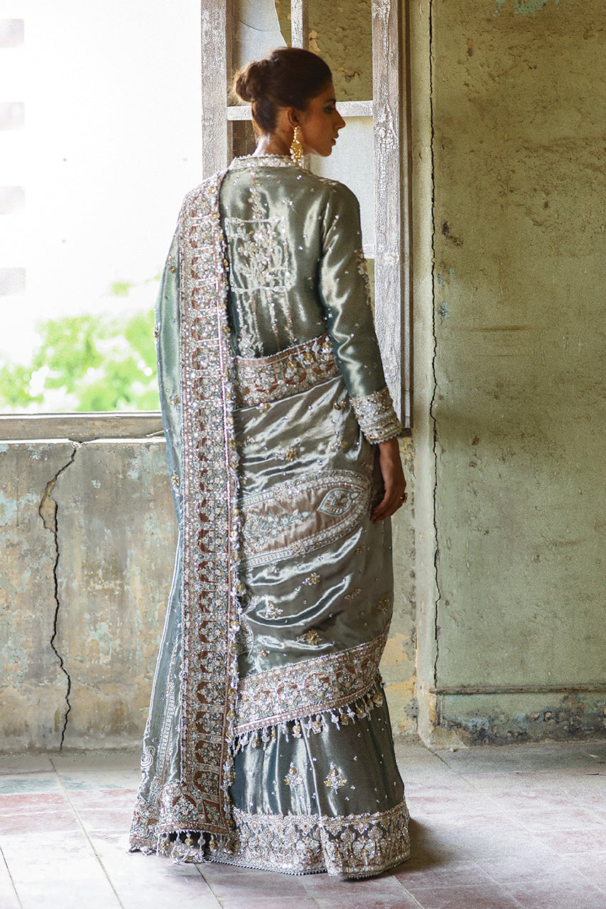 Sage Metallic Zardozi Tissue Silk Choga Lehenga (3-Piece) - Image 2