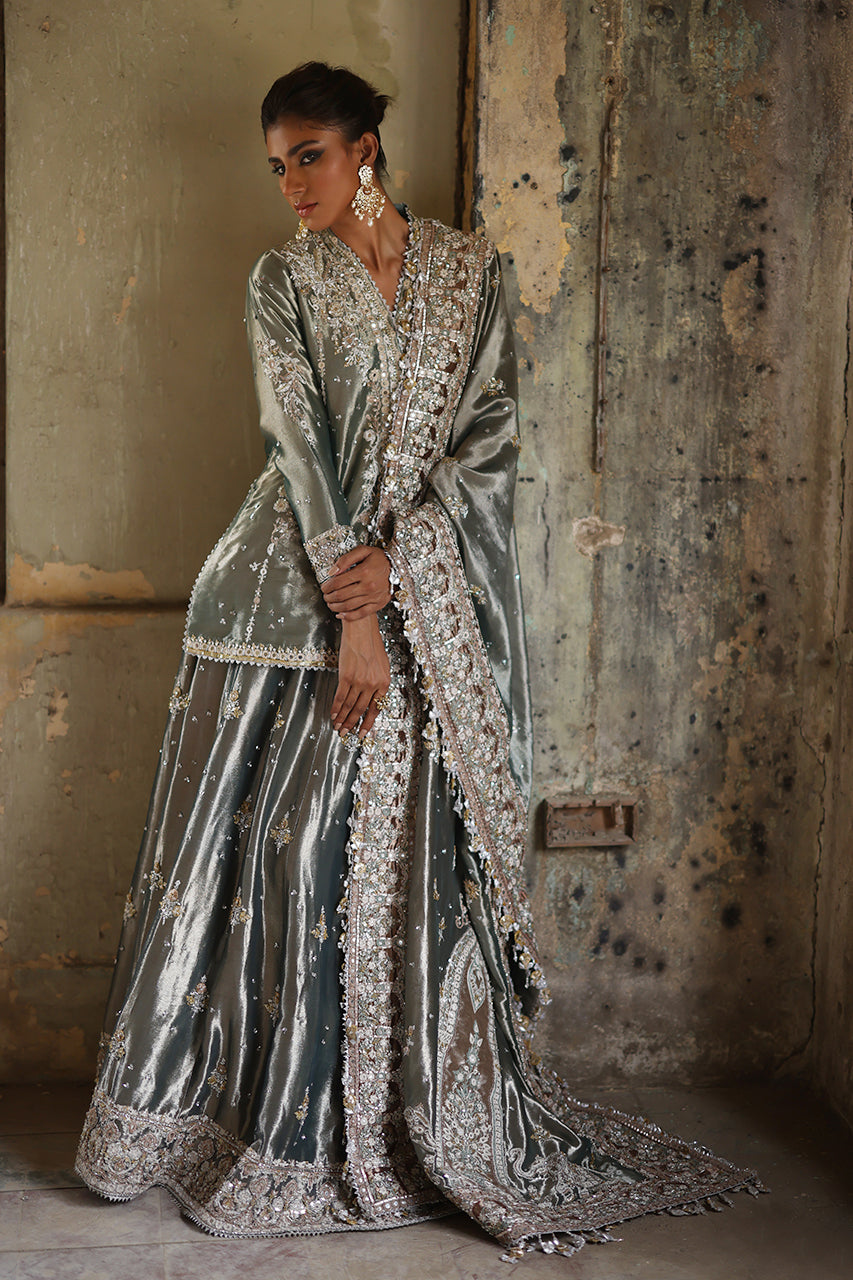 Sage Metallic Zardozi Tissue Silk Choga Lehenga (3-Piece) - Image 3