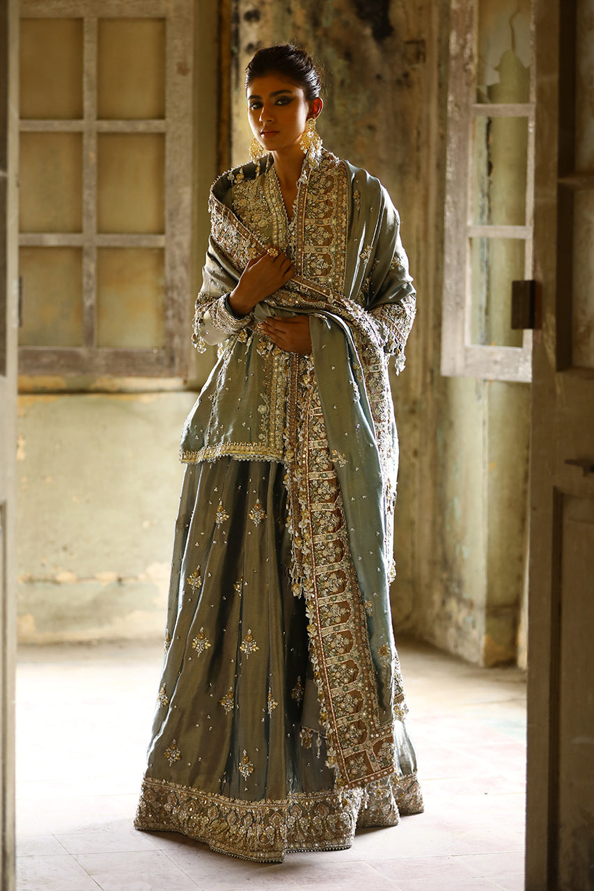 Sage Metallic Zardozi Tissue Silk Choga Lehenga (3-Piece) - Image 4