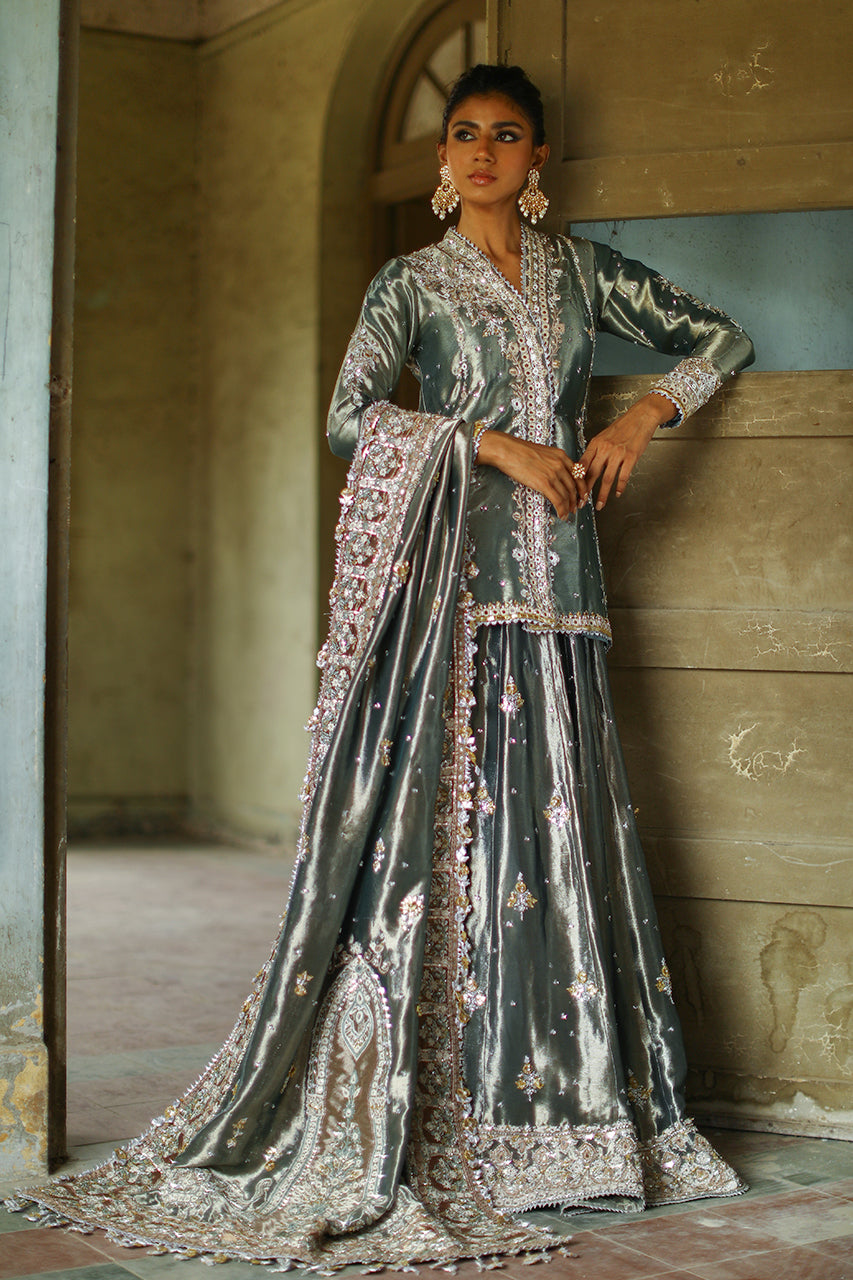 Sage Metallic Zardozi Tissue Silk Choga Lehenga (3-Piece) - Image 5