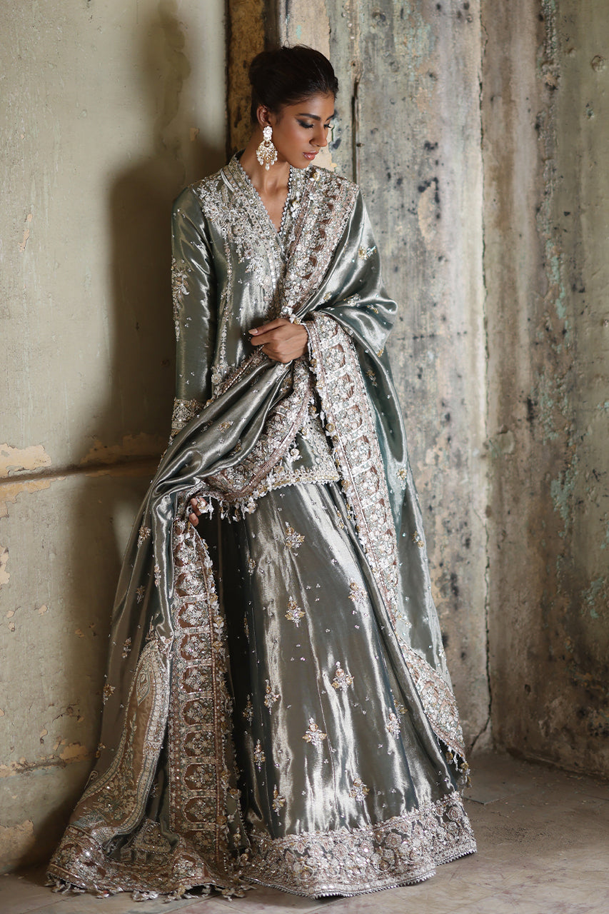 Sage Metallic Zardozi Tissue Silk Choga Lehenga (3-Piece) - Image 7