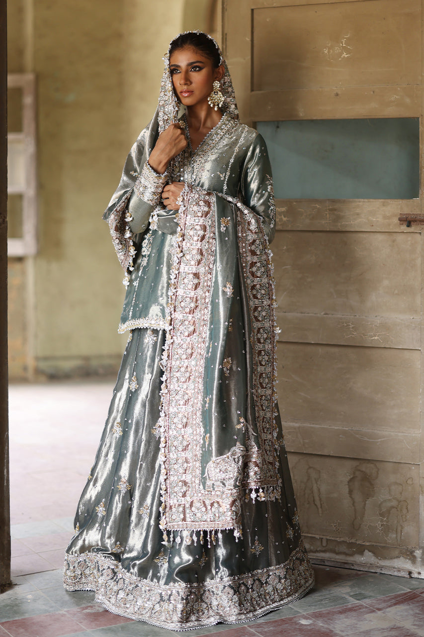 Sage Metallic Zardozi Tissue Silk Choga Lehenga (3-Piece) - Image 8