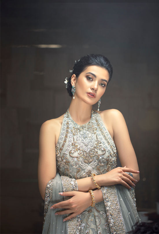 Pakistani Mint Grey Hand-Embroidered Tissue Lehenga (3-Piece) - Image 3