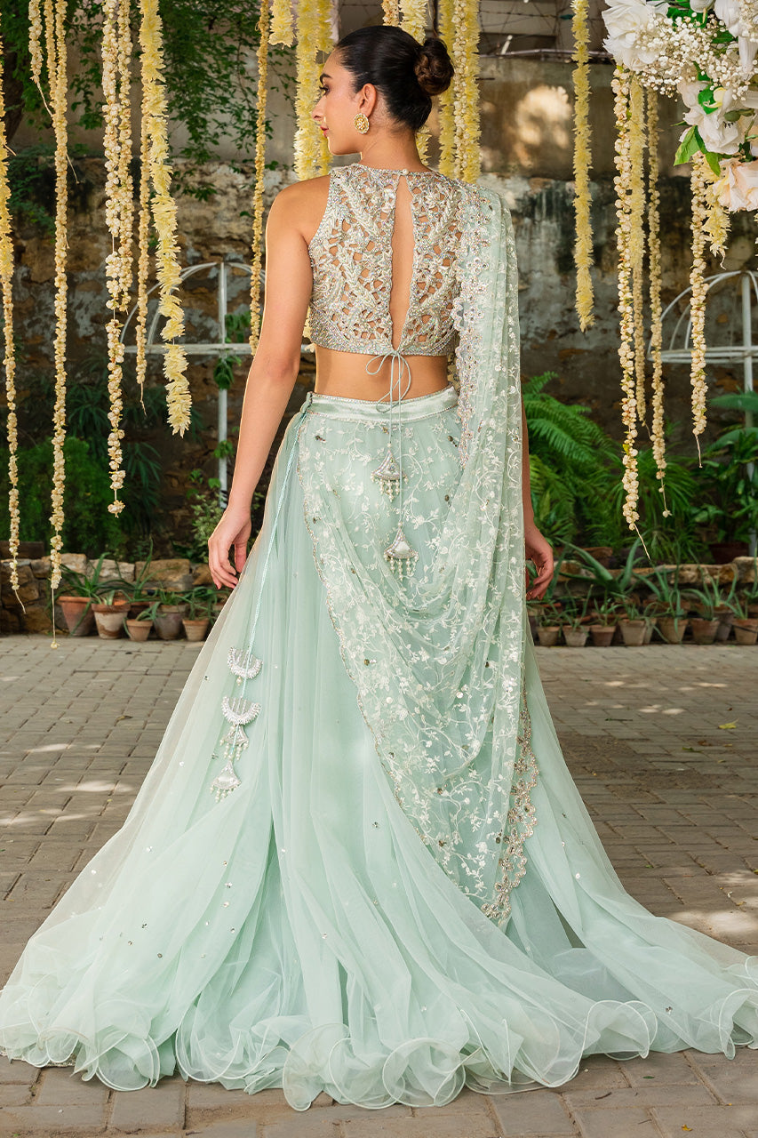 Pakistani Mint Zardozi Tissue & Tulle Lehnga-Sari (3-Piece) - Image 2