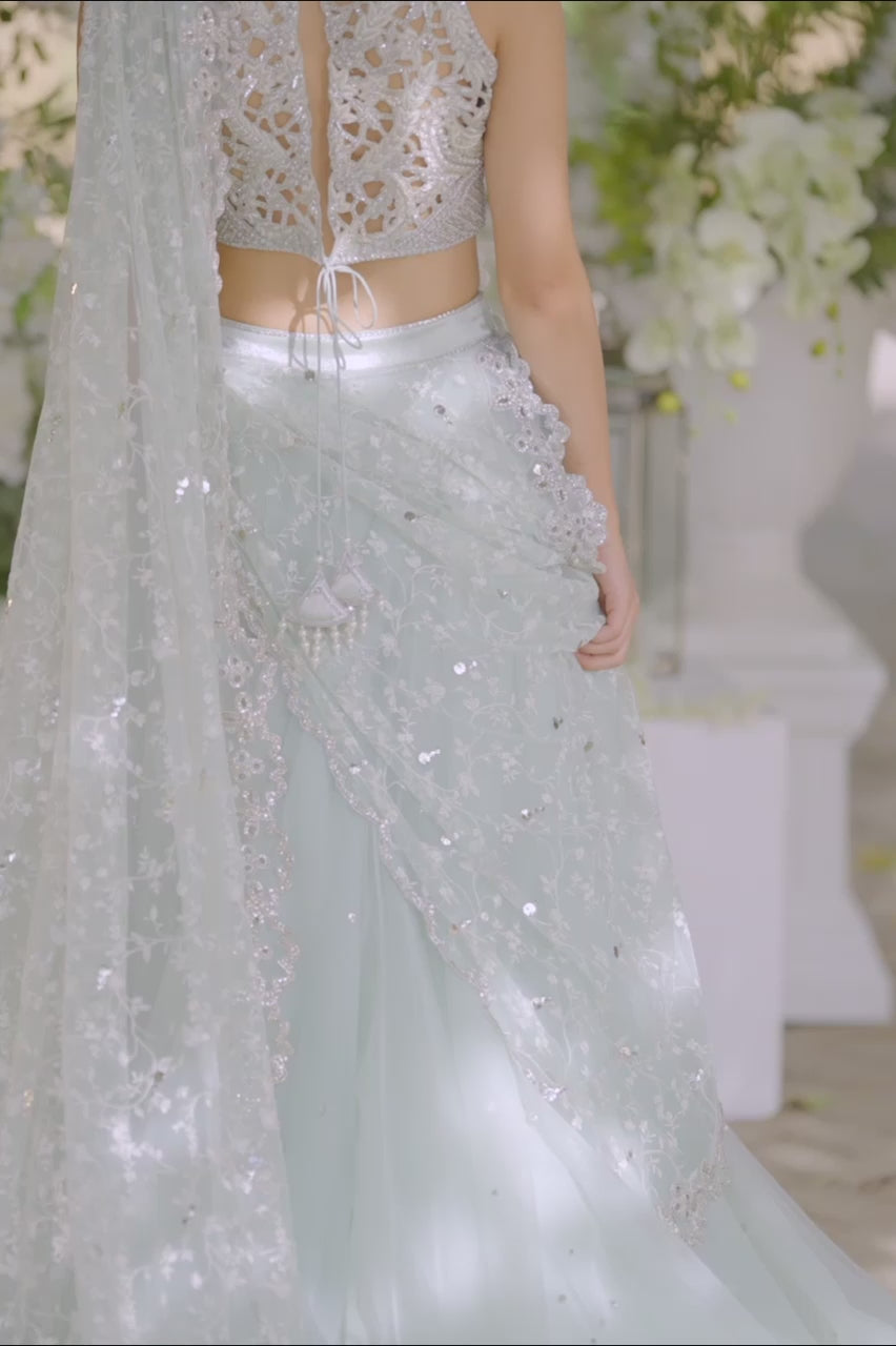 Pakistani Mint Zardozi Tissue & Tulle Lehnga-Sari (3-Piece) - Image 5