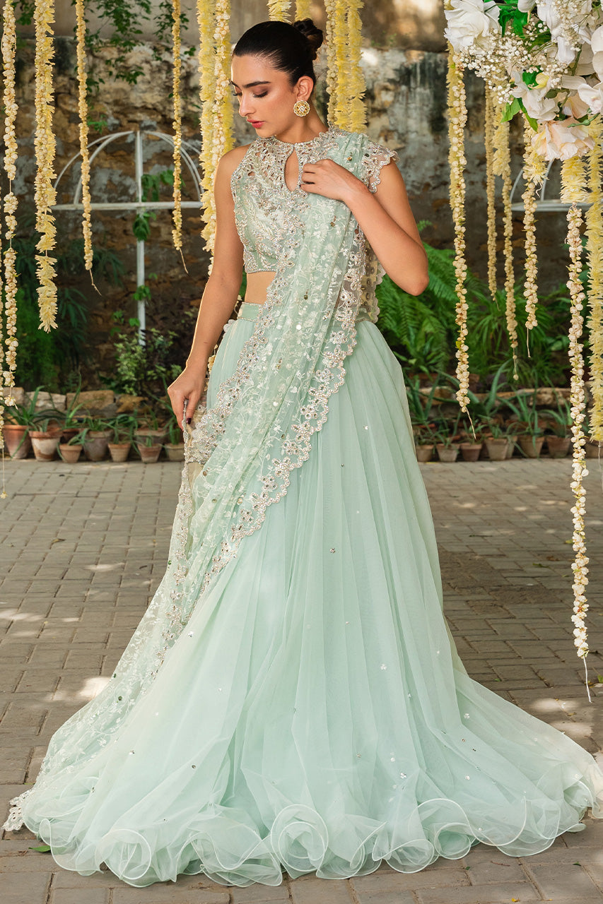 Mint Zardozi & Pearl Tissue Net Lehnga-Sari (3-Piece) - Image 1