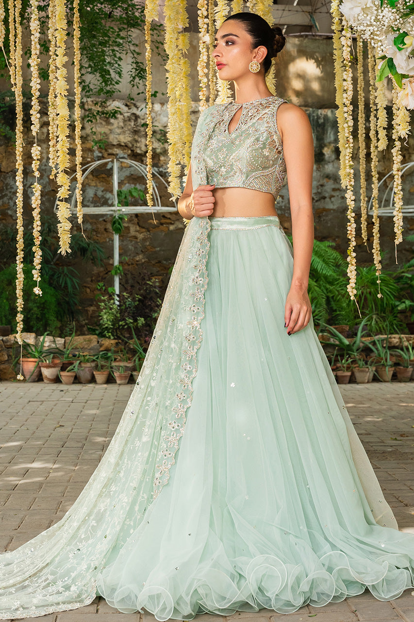 Mint Zardozi & Pearl Tissue Net Lehnga-Sari (3-Piece) - Image 4