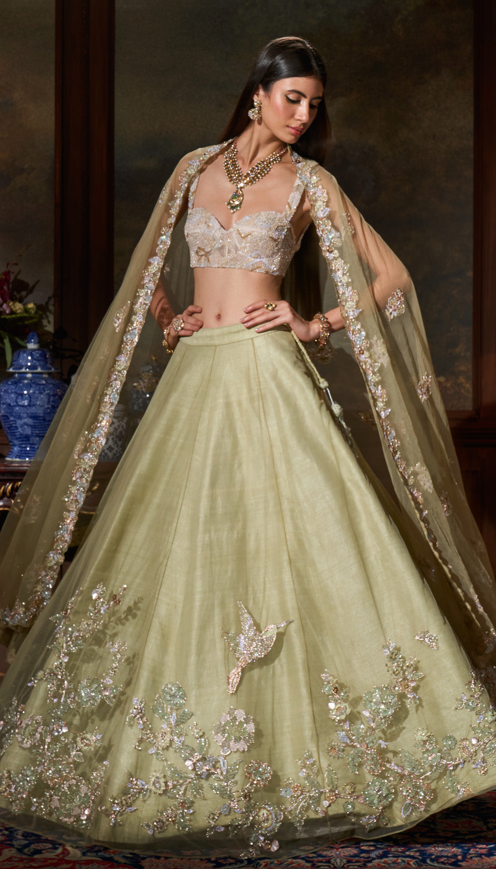 Fennel Green Embroidered Tulle Lehenga (3-Piece) - Image 1