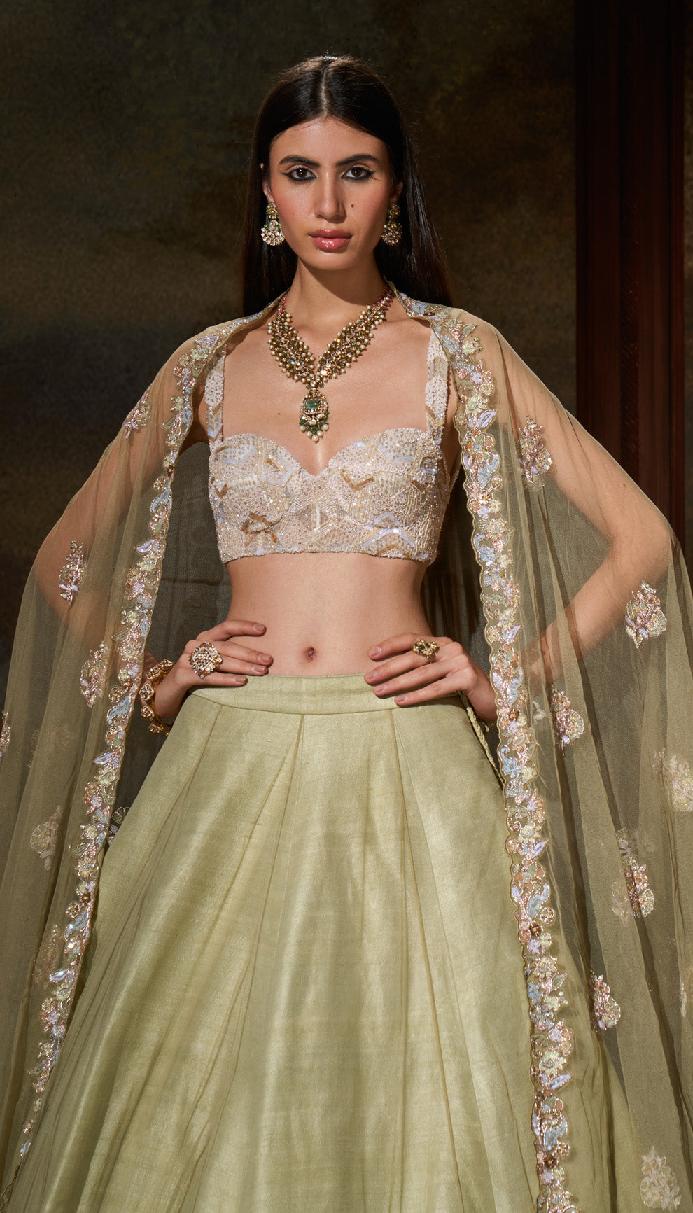 Fennel Green Embroidered Tulle Lehenga (3-Piece) - Image 2