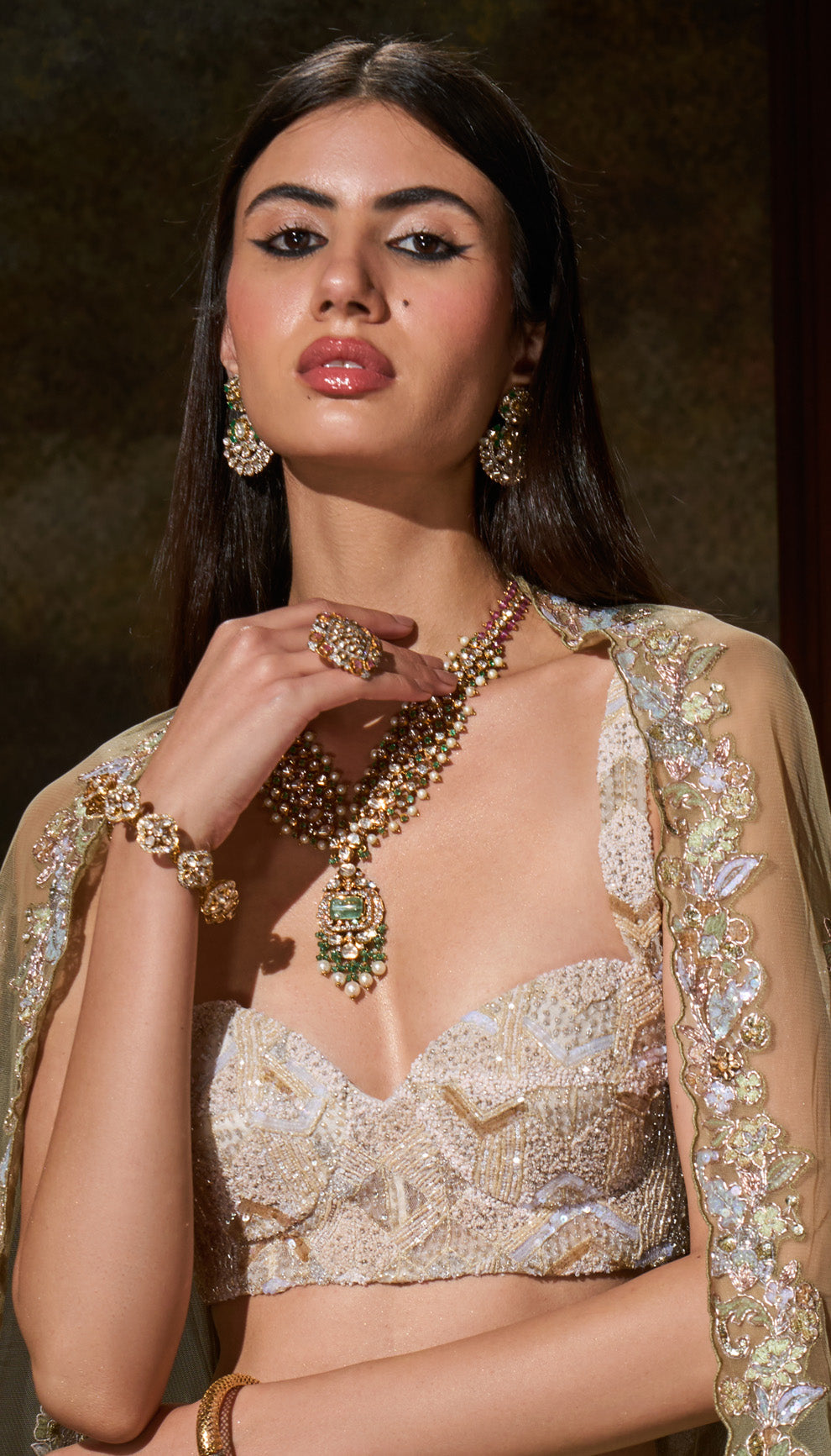 Fennel Green Embroidered Tulle Lehenga (3-Piece) - Image 3