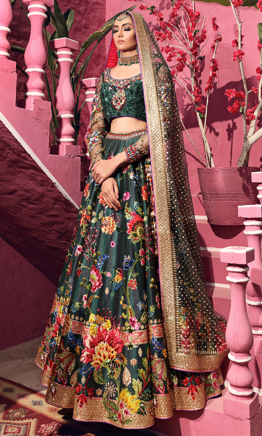 Pakistani Bottle Green Embroidered Tulle Net Lehenga Choli (3-Piece) - Image 1