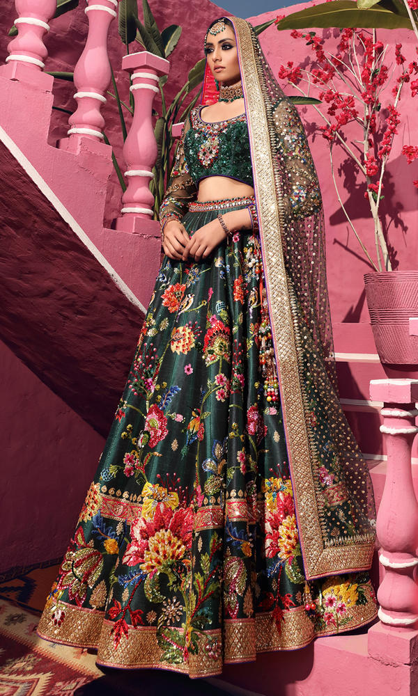 Pakistani Bottle Green Embroidered Tulle Net Lehenga Choli (3-Piece) - Image 3